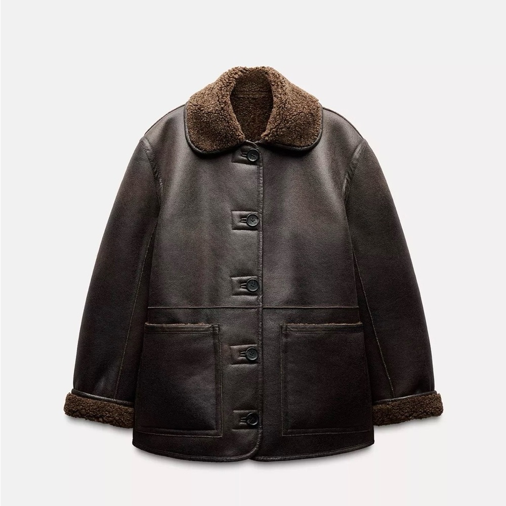 ZARA Brown Shearling Coat with Button Closure